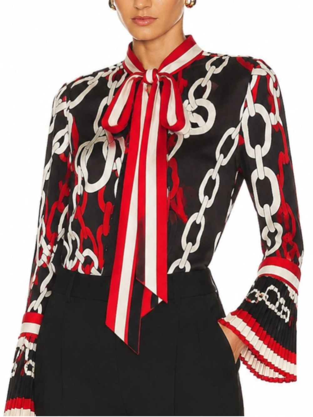 SEVENTY by Sergio Tegon Chain Print Tie-Neck Blouse Size 10 (IT 38)